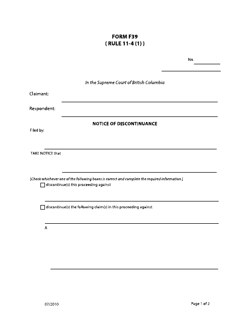Form F39 Notice of Discontinuance - British Columbia, Canada