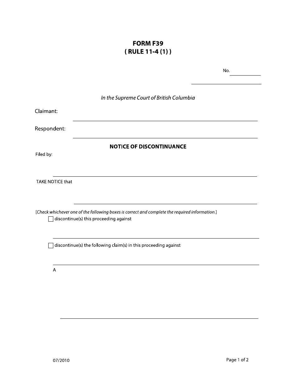 Form F39 Notice of Discontinuance - British Columbia, Canada, Page 1