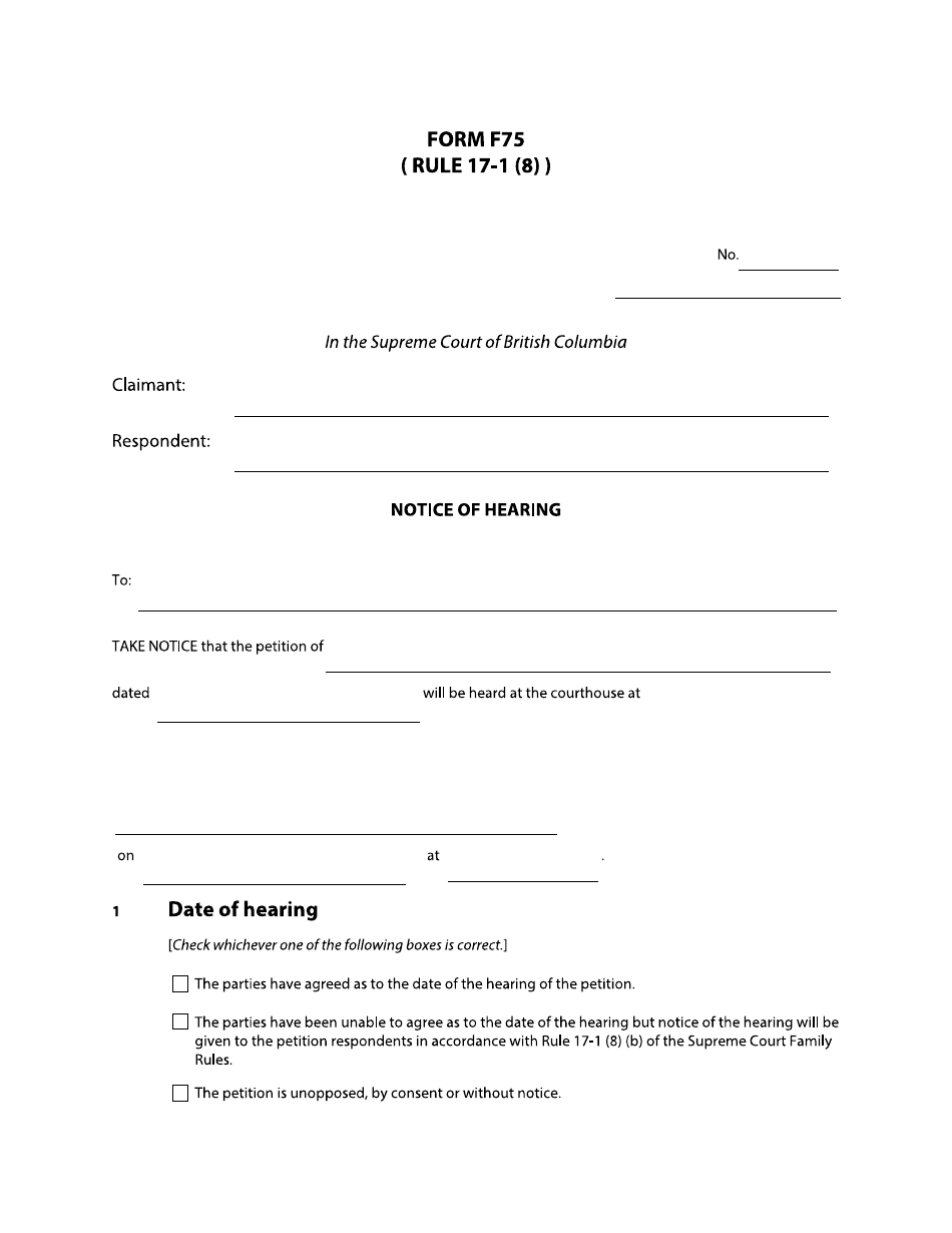 Form F75 Notice of Hearing - British Columbia, Canada, Page 1