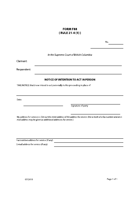 Form F88 Notice of Intention to Act in Person - British Columbia, Canada