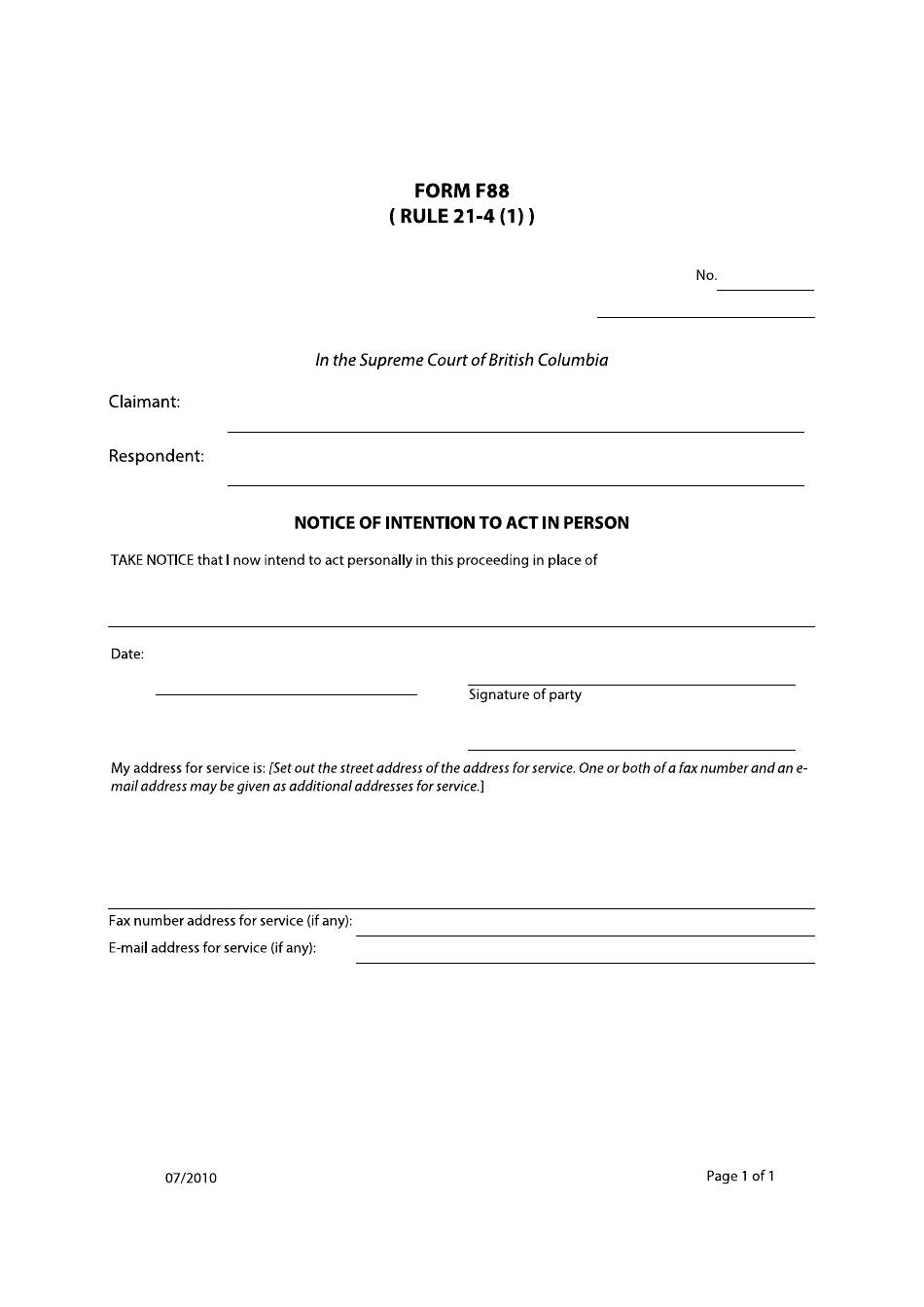 Form F88 Notice of Intention to Act in Person - British Columbia, Canada, Page 1