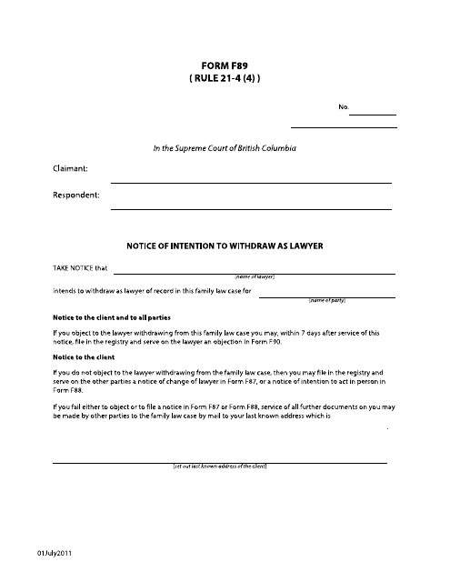 Form F89 Notice of Intention to Withdraw as Lawyer - British Columbia, Canada