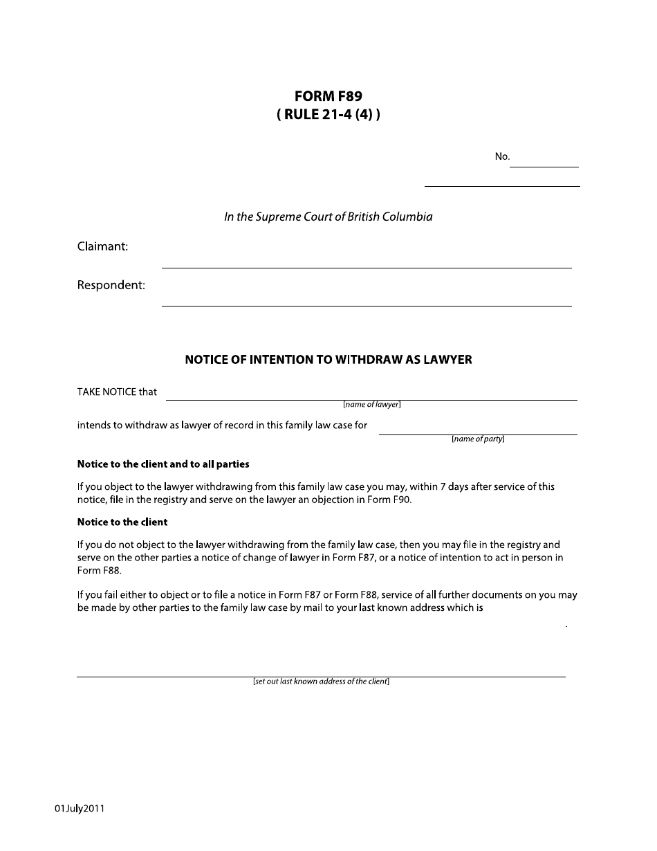 Form F89 Notice of Intention to Withdraw as Lawyer - British Columbia, Canada, Page 1