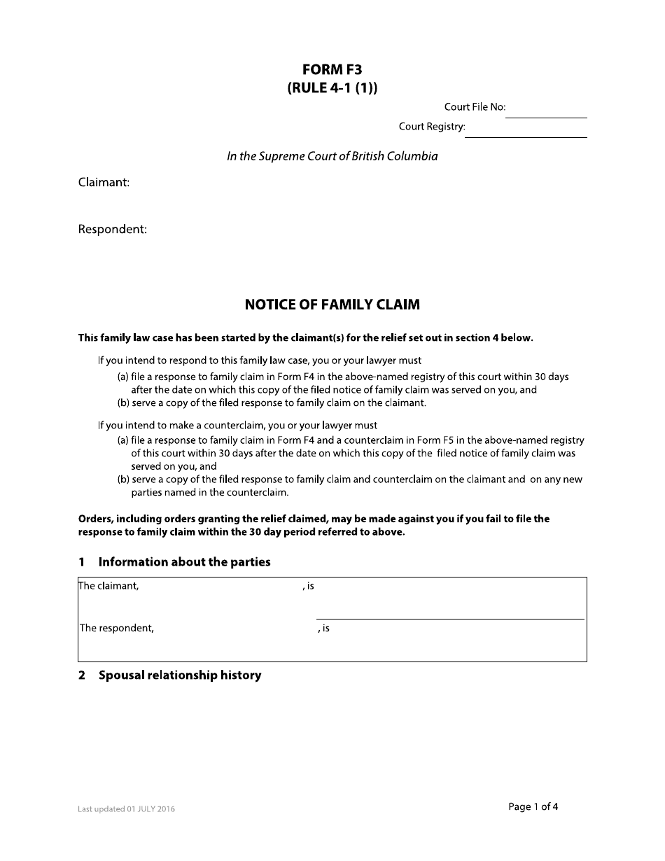 Form F3 Notice of Family Claim - British Columbia, Canada, Page 1