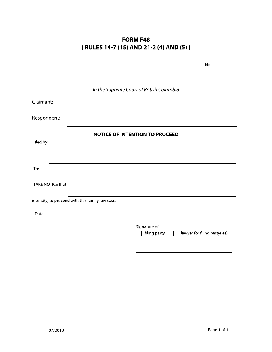 Form F48 Notice of Intention to Proceed - British Columbia, Canada, Page 1