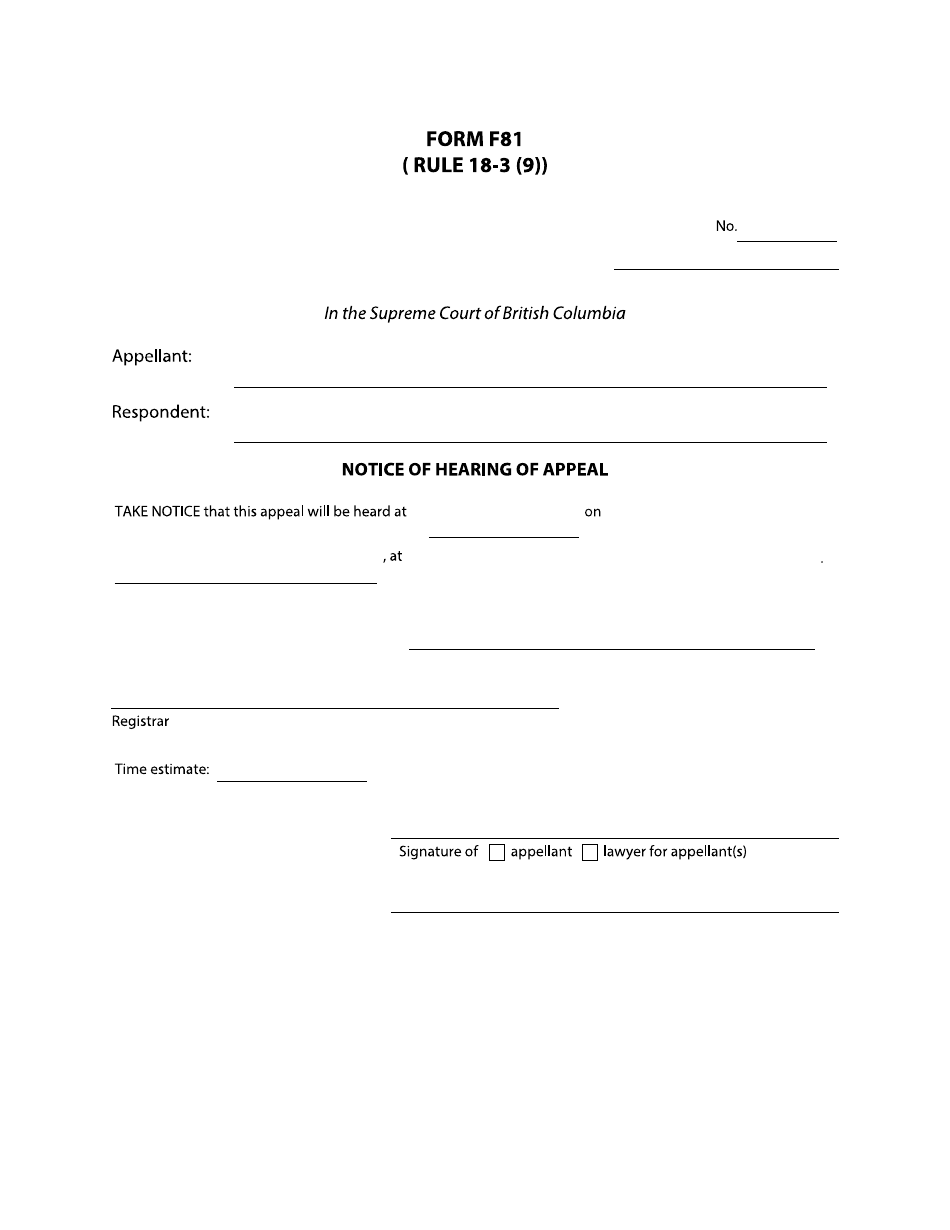 Form F81 Notice of Hearing of Appeal - British Columbia, Canada, Page 1