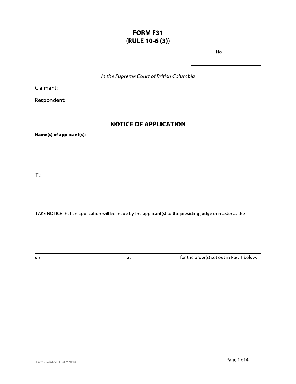 Form F31 Notice of Application - British Columbia, Canada, Page 1