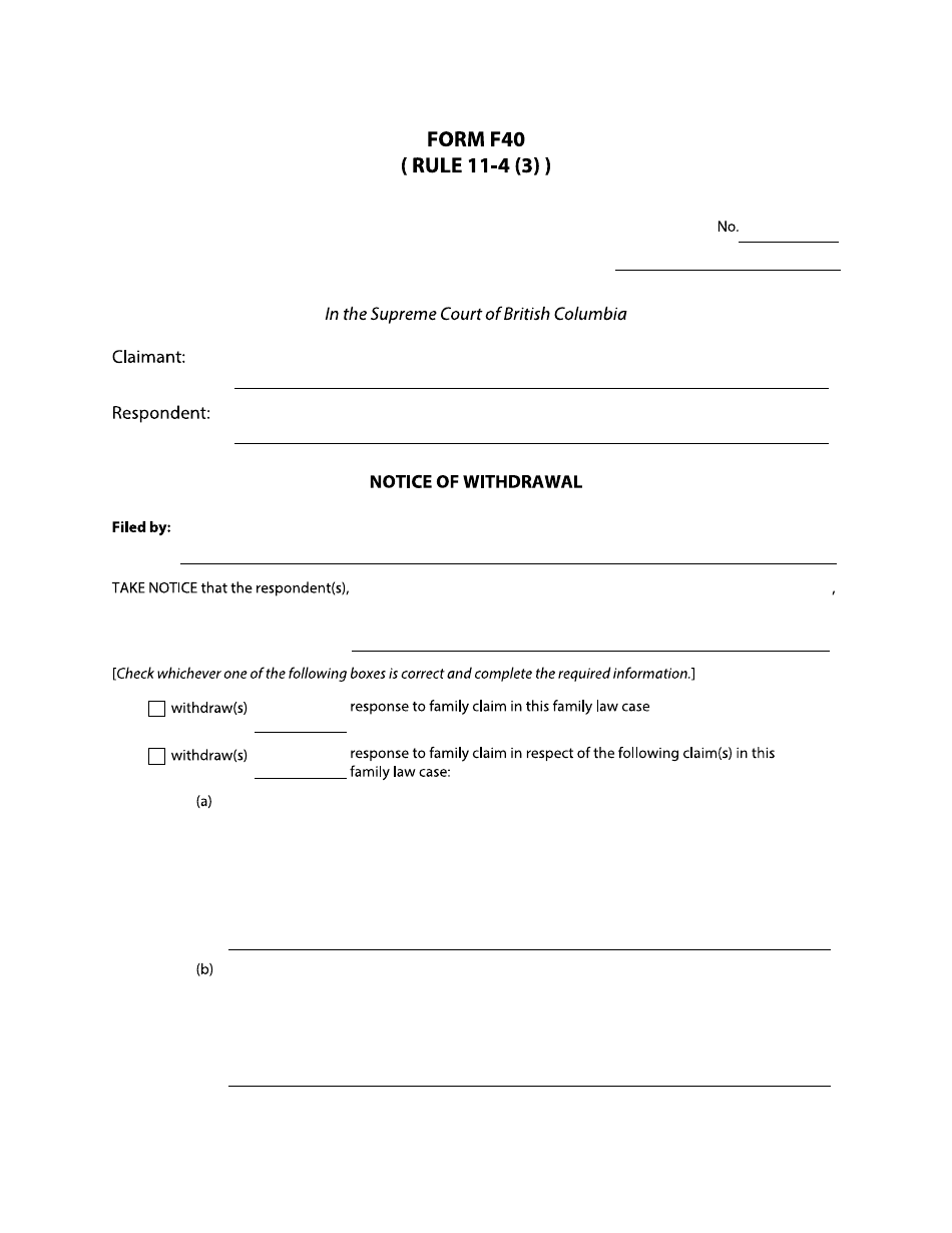 Form F40 Notice of Withdrawal - British Columbia, Canada, Page 1