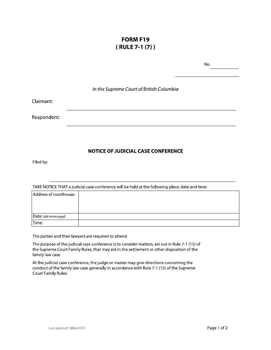 Form F19 Notice of Judicial Case Conference - British Columbia, Canada, Page 1