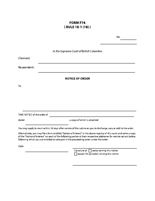 Form F76 Notice of Order - British Columbia, Canada