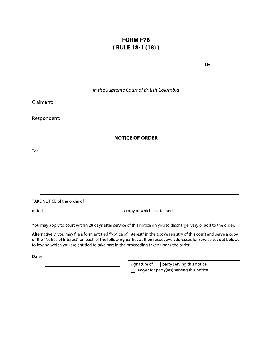 Form F76 Notice of Order - British Columbia, Canada, Page 1
