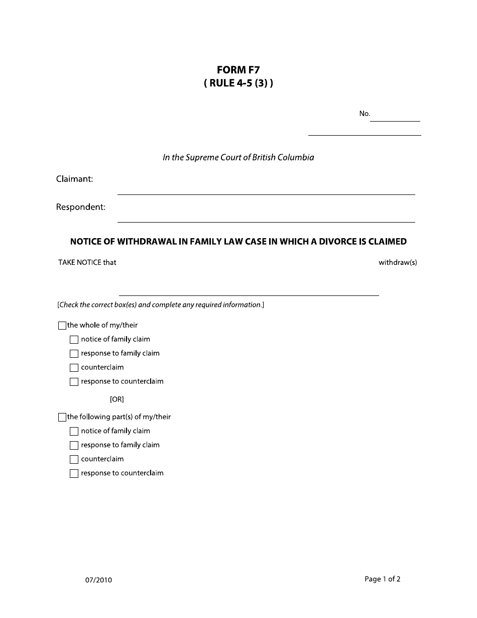 Form F7 Notice of Withdrawal in Family Law Case in Which a Divorce Is Claimed - British Columbia, Canada, Page 1