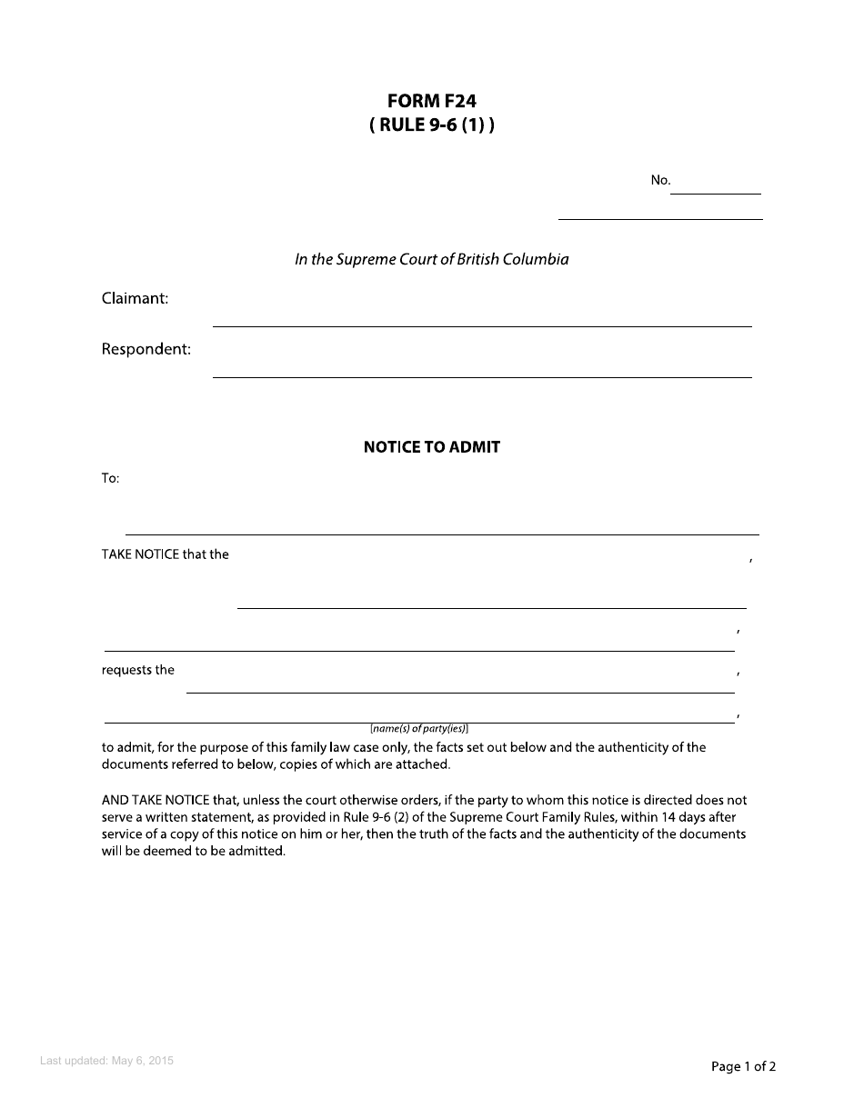 Form F24 Notice to Admit - British Columbia, Canada, Page 1