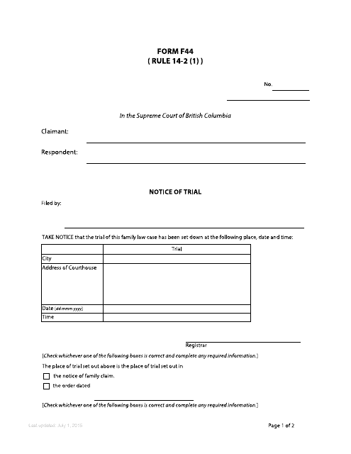 Form F44 Notice of Trial - British Columbia, Canada
