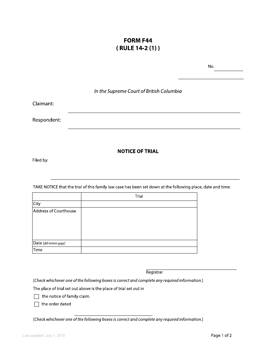 Form F44 Notice of Trial - British Columbia, Canada, Page 1