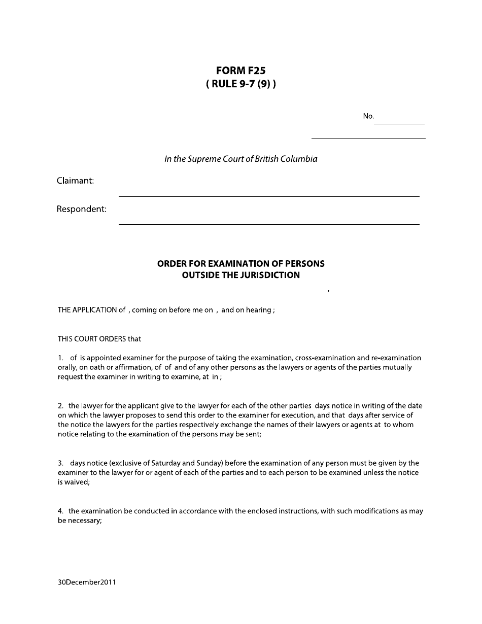 Form F25 Order for Examination of Persons Outside the Jurisdiction - British Columbia, Canada, Page 1