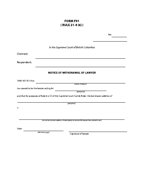 Form F91 Notice of Withdrawal of Lawyer - British Columbia, Canada