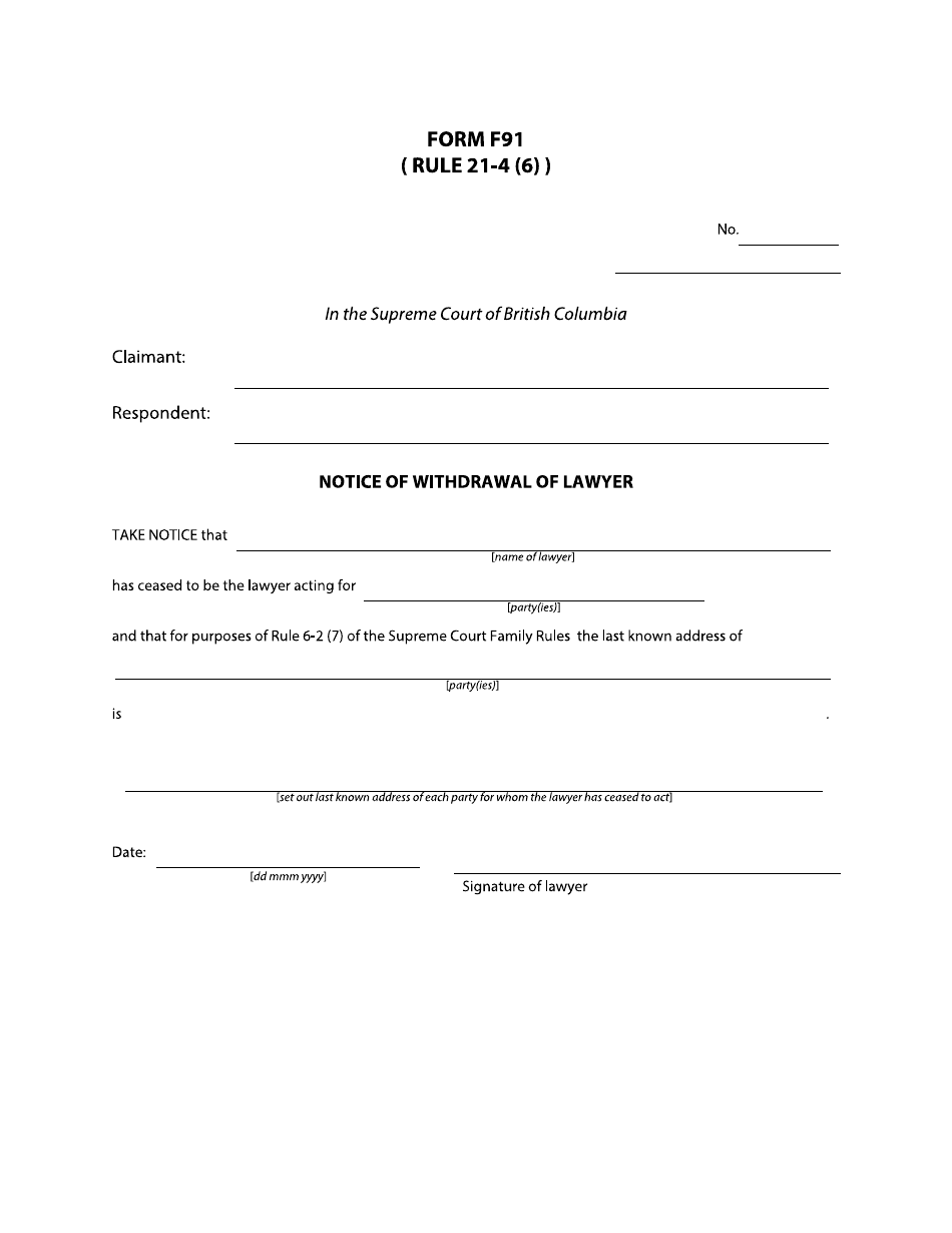 Form F91 Notice of Withdrawal of Lawyer - British Columbia, Canada, Page 1