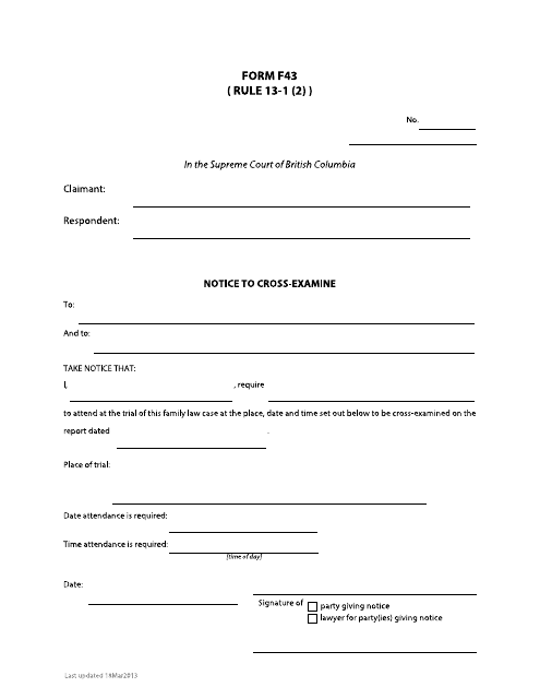 Form F43 Notice to Cross-examine - British Columbia, Canada