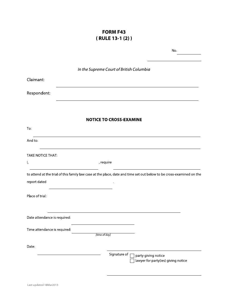 Form F43 Notice to Cross-examine - British Columbia, Canada, Page 1
