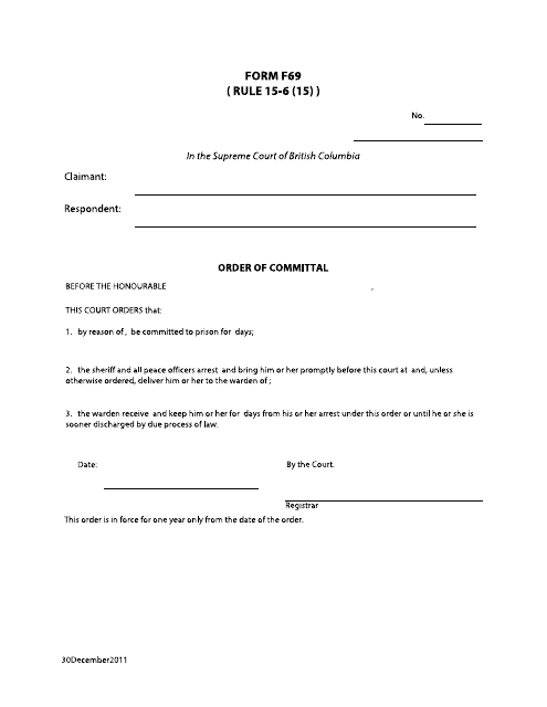 Form F69 Order of Committal - British Columbia, Canada