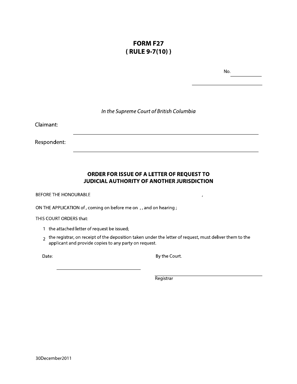 Form F27 Order for Issue of a Letter of Request to Judicial Authority of Another Jurisdiction - British Columbia, Canada, Page 1