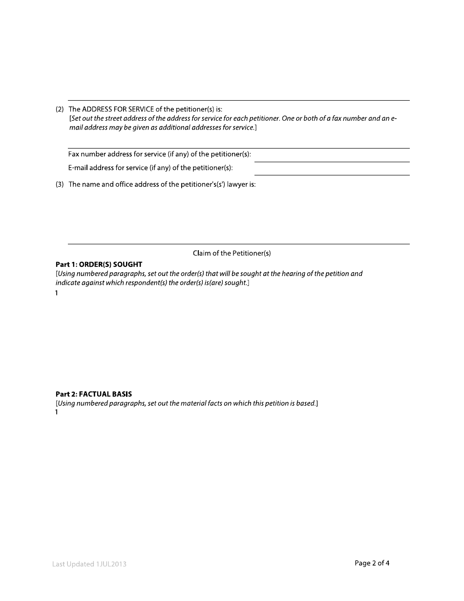 Form F73 Petition to the Court - British Columbia, Canada, Page 2