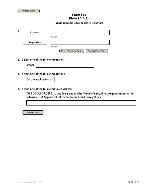 Form F85 Order to Waive Fees - British Columbia, Canada