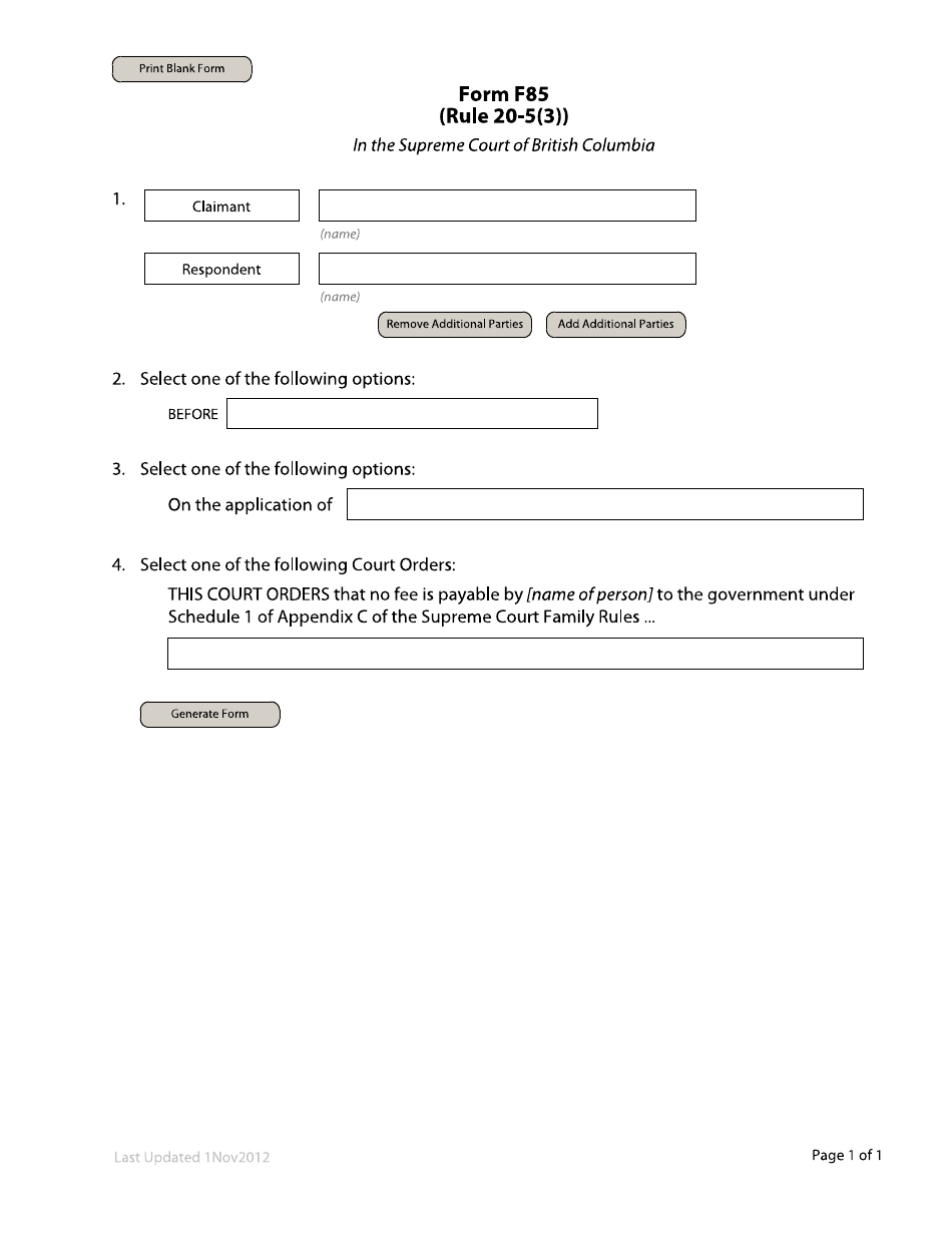 Form F85 Order to Waive Fees - British Columbia, Canada, Page 1