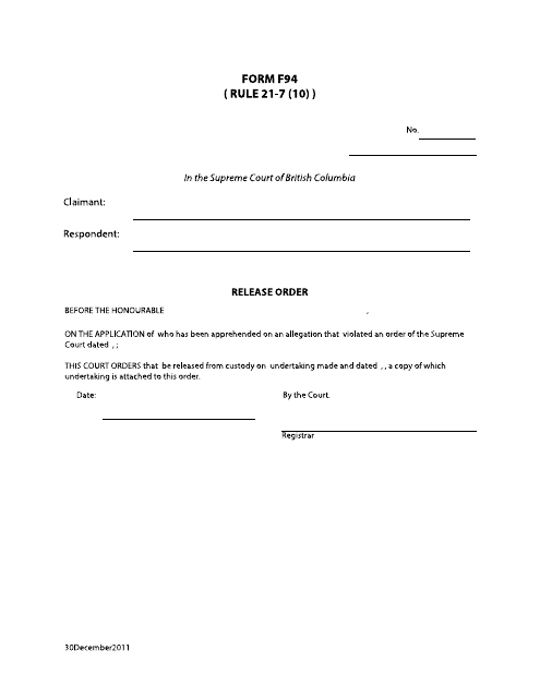 Form F94 Release Order - British Columbia, Canada