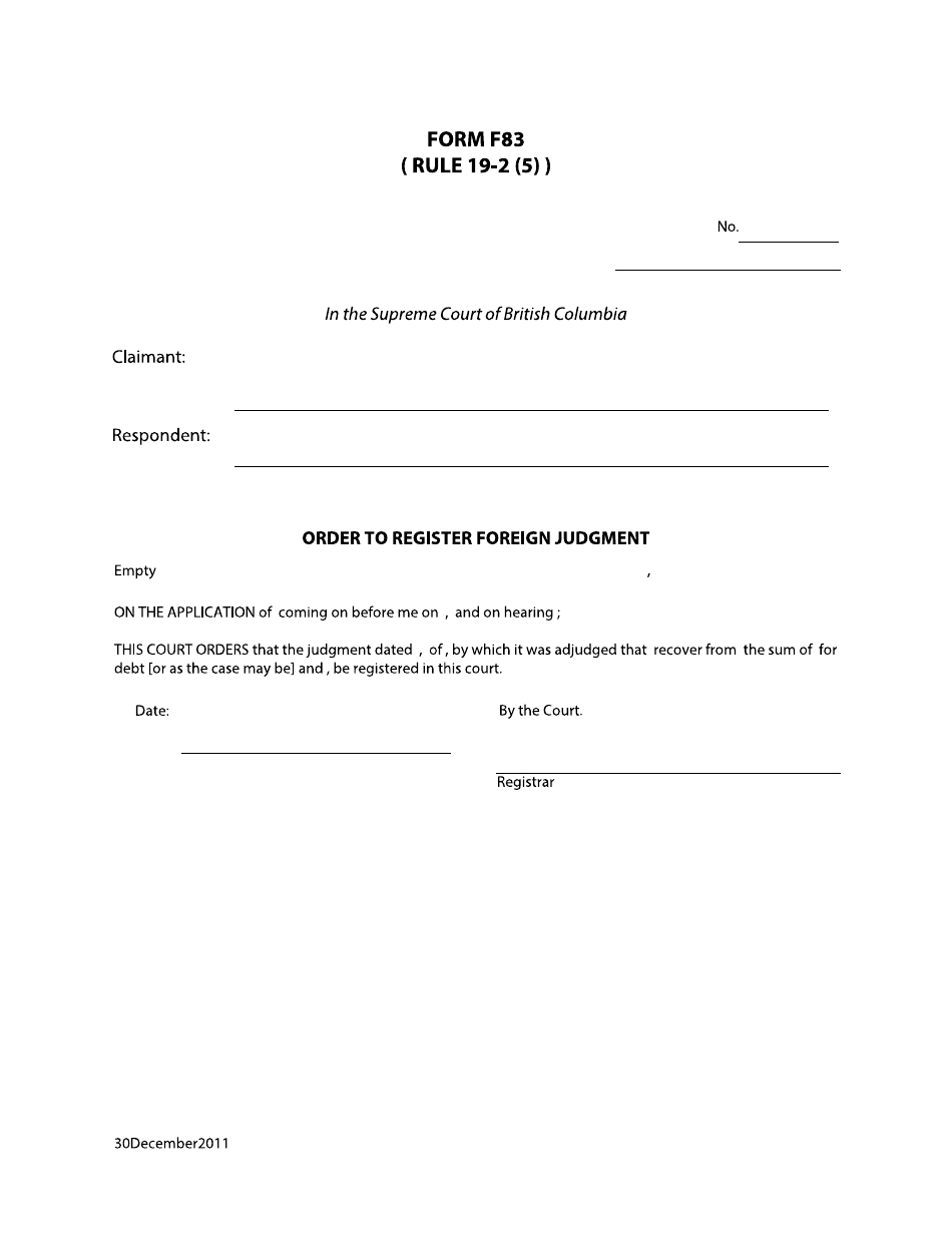 Form F83 Order to Register Foreign Judgment - British Columbia, Canada, Page 1