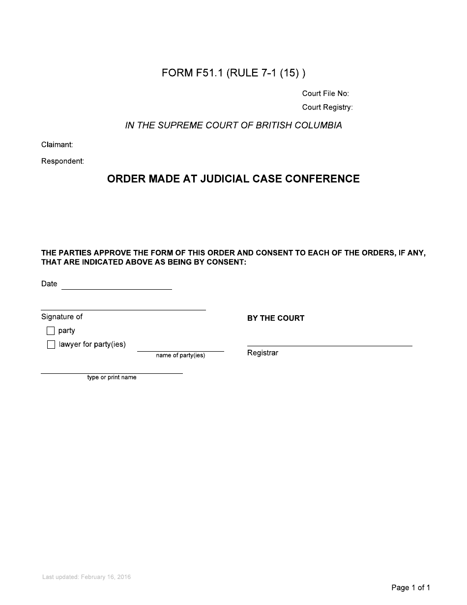Form F51.1 Order Made at Judicial Case Conference - British Columbia, Canada, Page 1