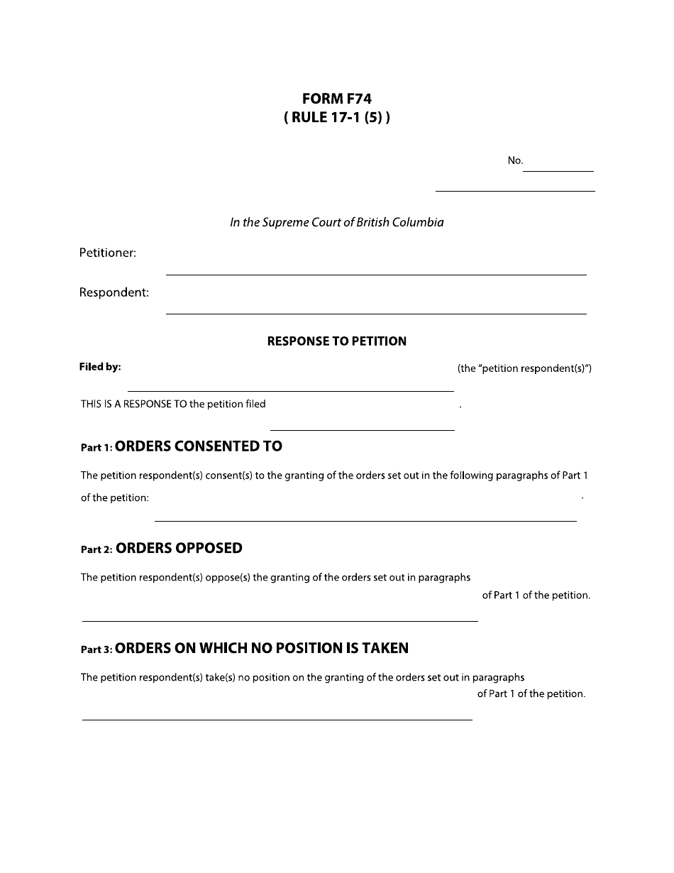 Form F74 Response to Petition - British Columbia, Canada, Page 1