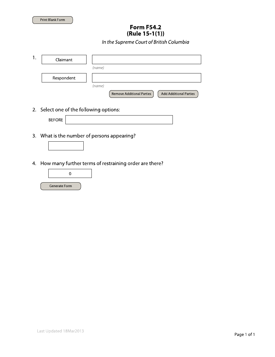 Form F54.2 Restraining Order - British Columbia, Canada, Page 1