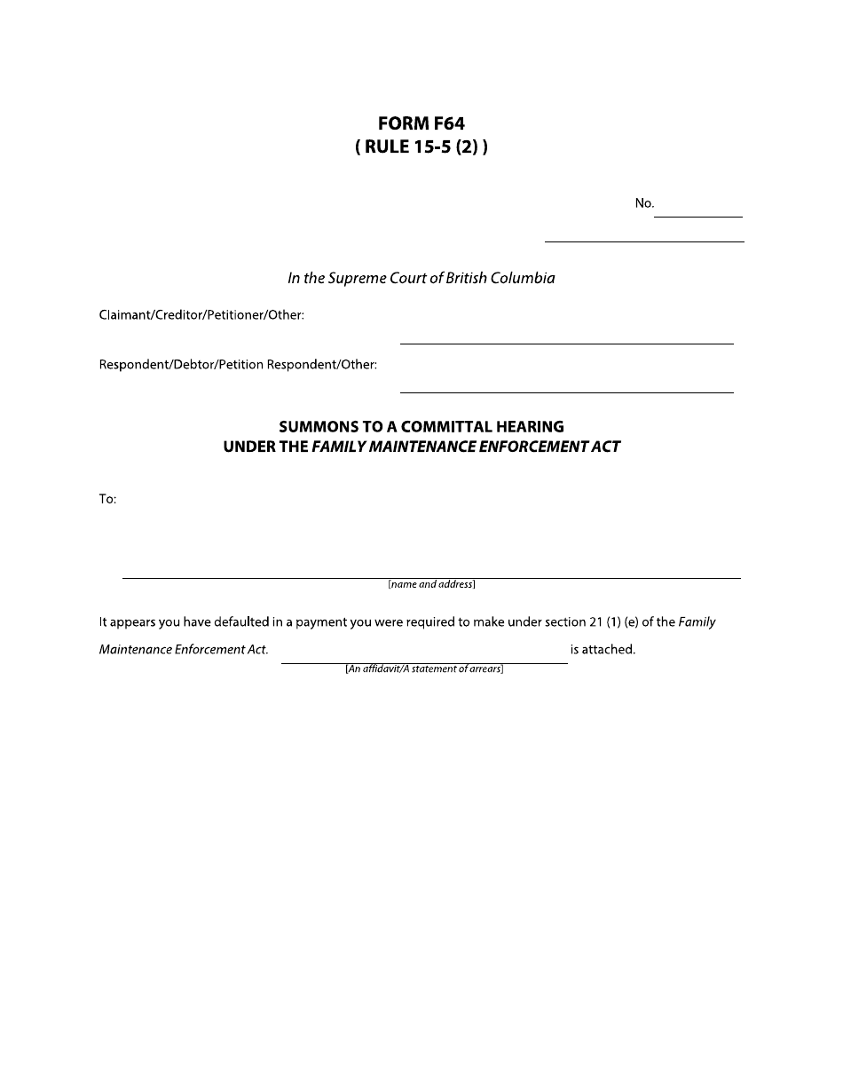 Form F64 Summons to a Committal Hearing Under the Family Maintenance Enforcement Act - British Columbia, Canada, Page 1