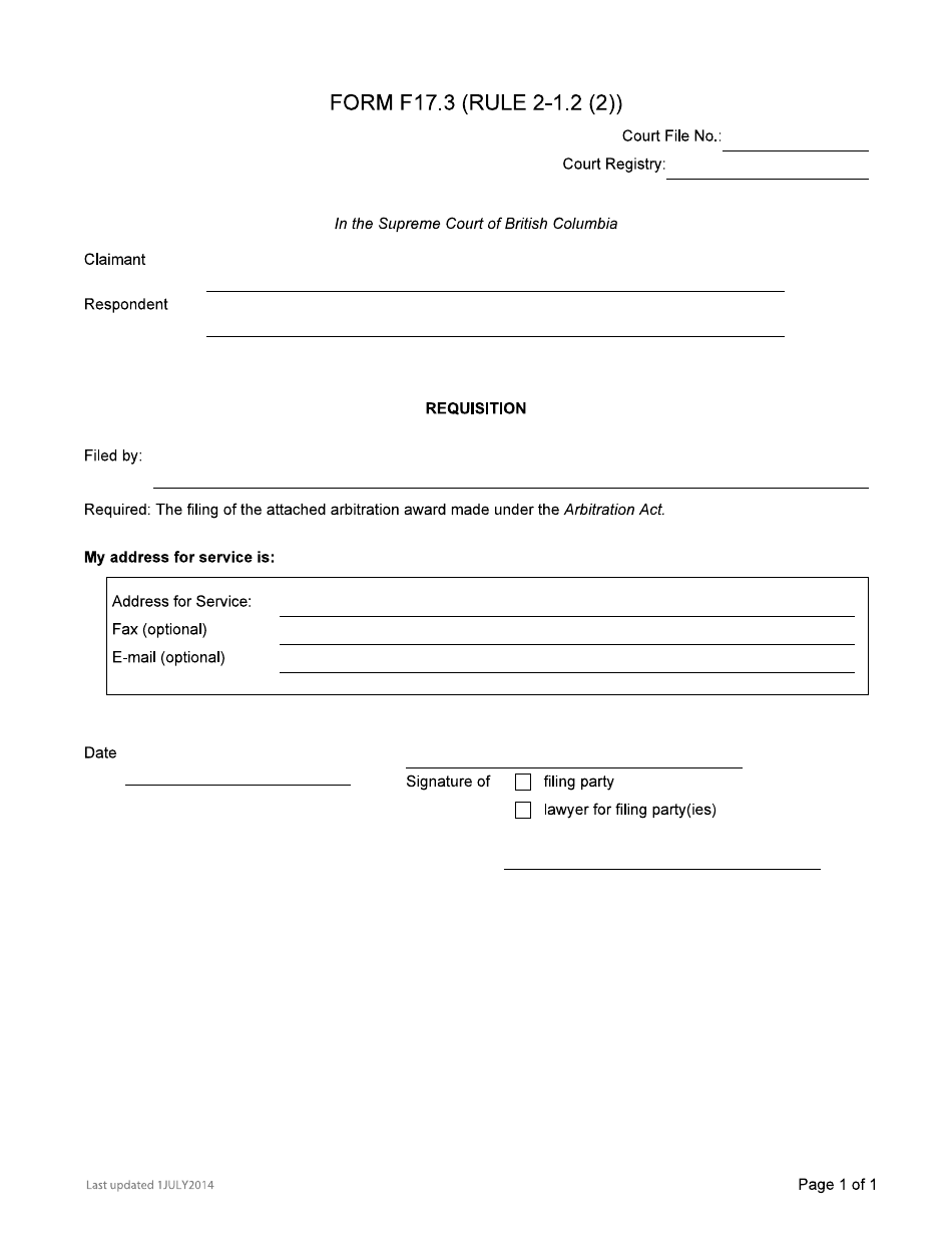 Form F17.3 Requisition - British Columbia, Canada, Page 1