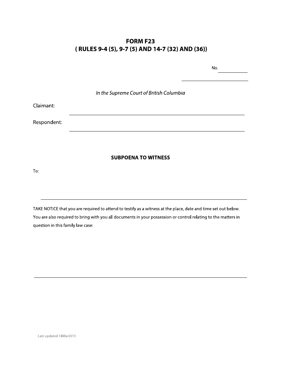 Form F23 Subpoena to Witness - British Columbia, Canada, Page 1