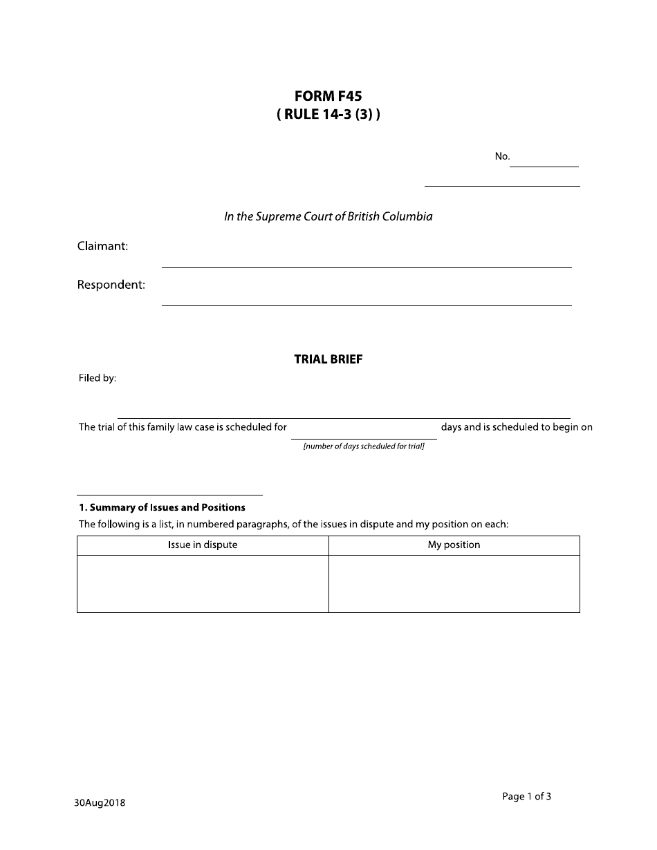 Form F45 Trial Brief - British Columbia, Canada, Page 1