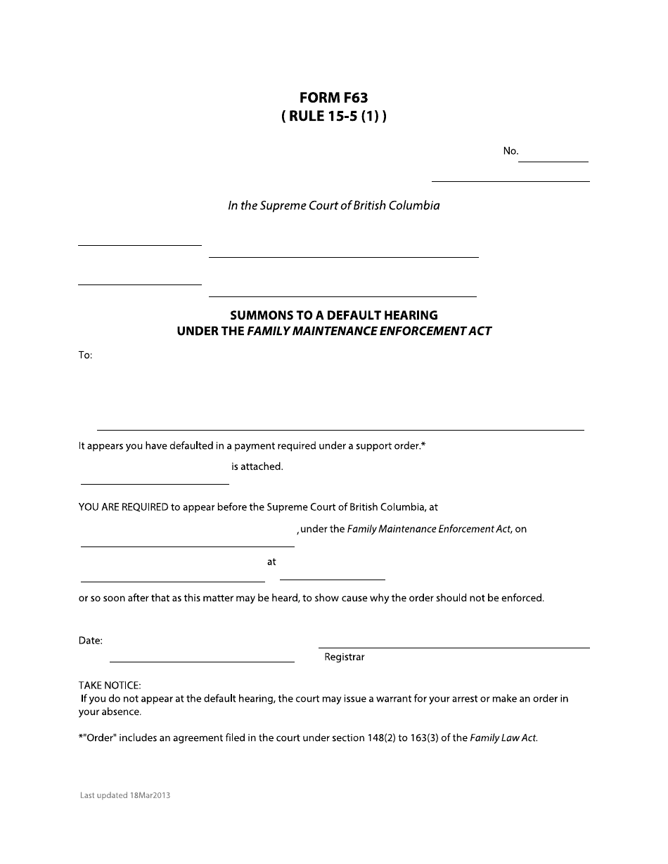 Form F63 Summons to a Default Hearing Under the Family Maintenance Enforcement Act - British Columbia, Canada, Page 1