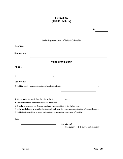 Form F46 Trial Certificate - British Columbia, Canada