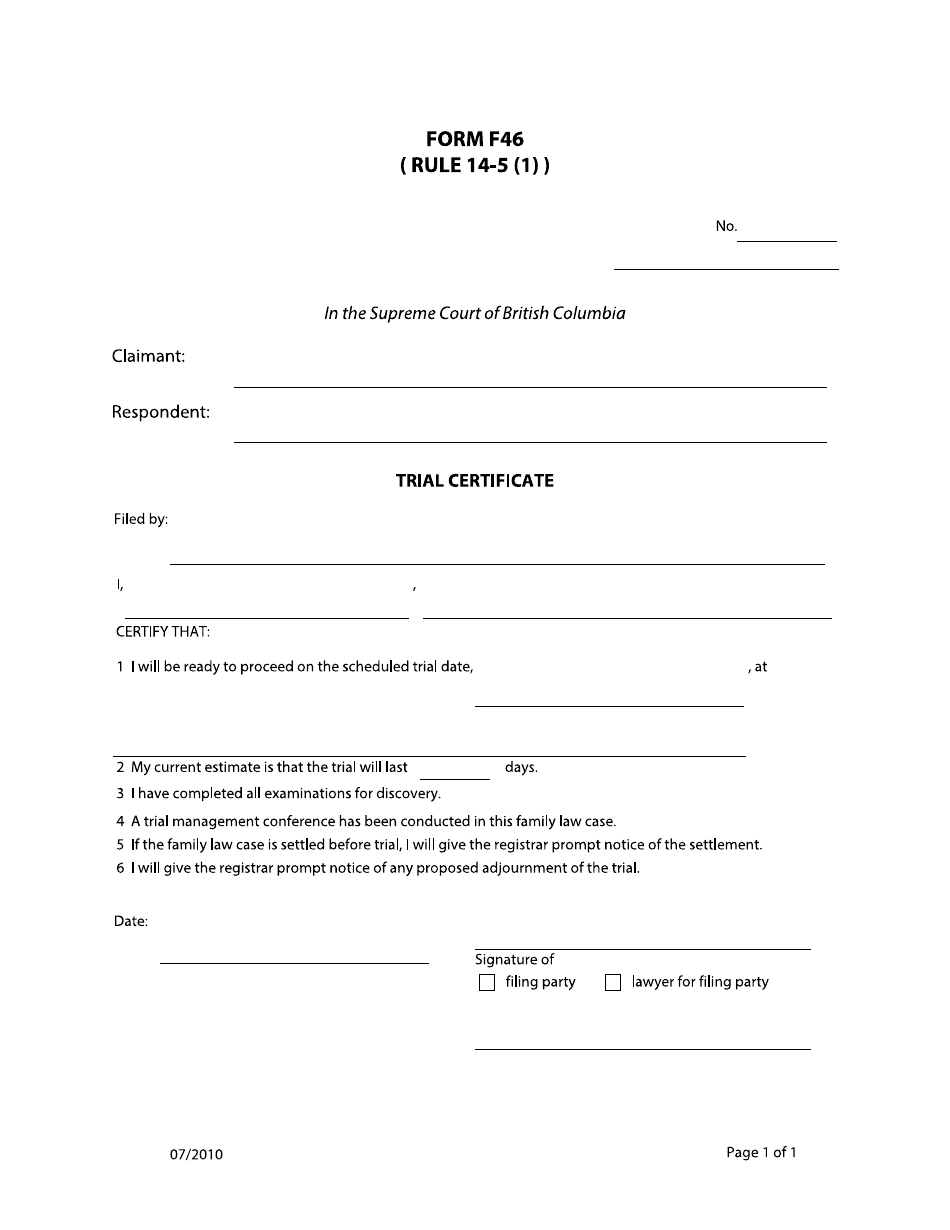 Form F46 Trial Certificate - British Columbia, Canada, Page 1