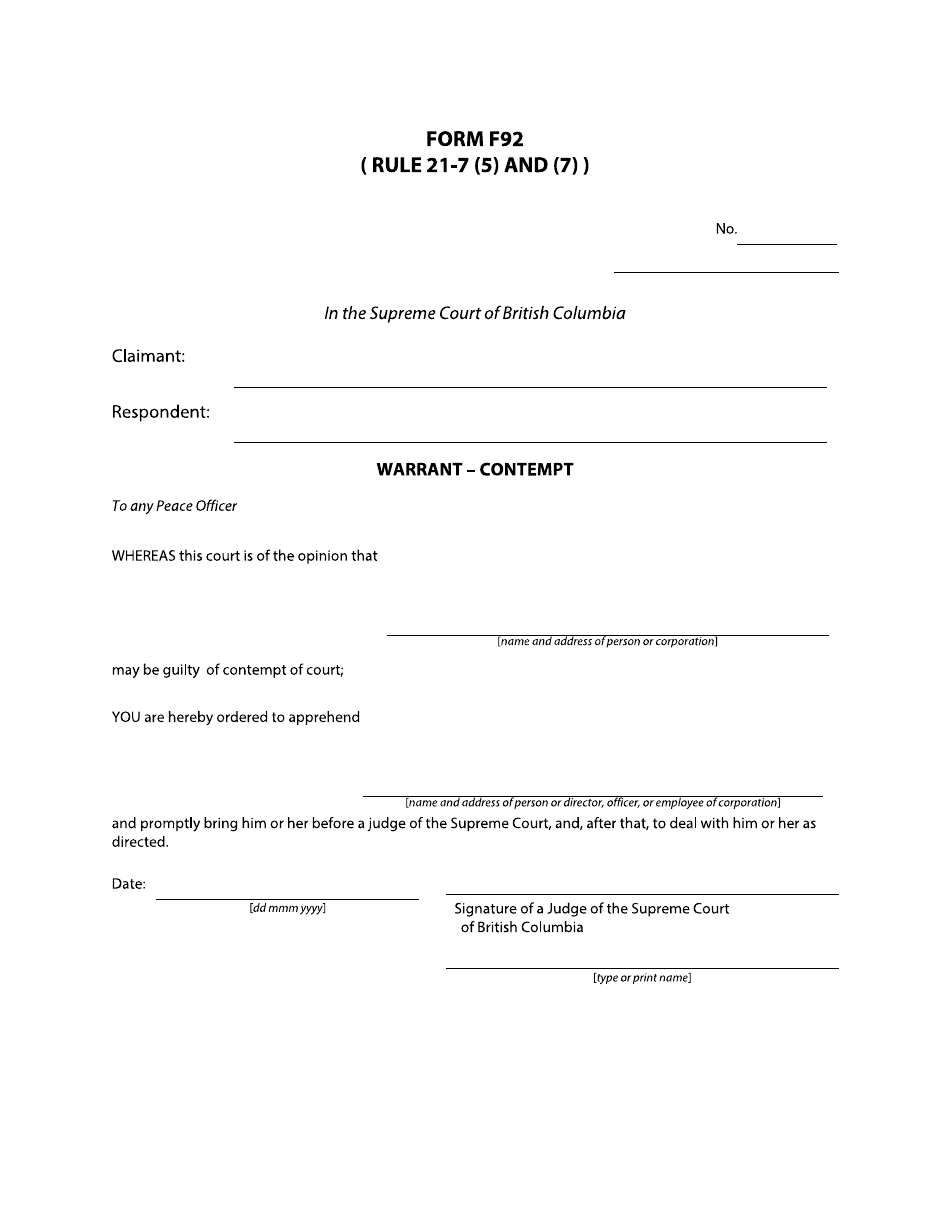 Form F92 Warrant - Contempt - British Columbia, Canada, Page 1