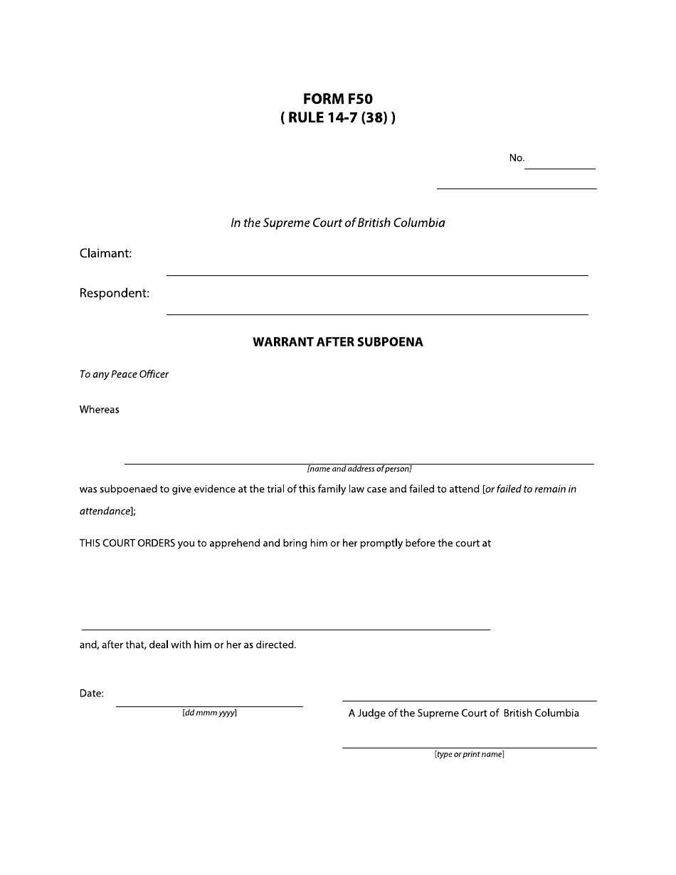 Form F50 Warrant After Subpoena - British Columbia, Canada, Page 1