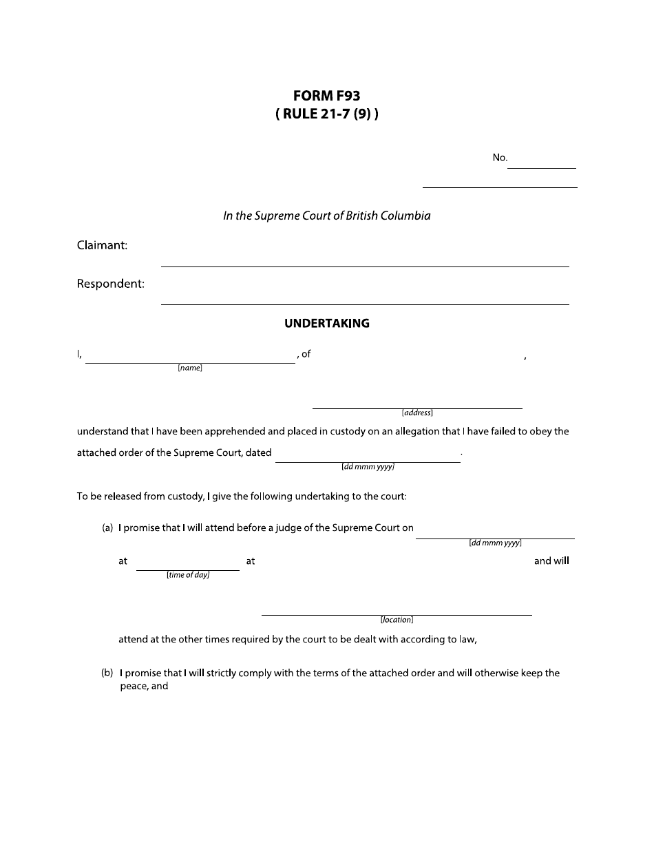 Form F93 Undertaking - British Columbia, Canada, Page 1