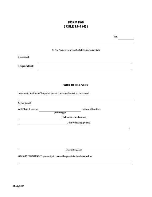 Form F60 Writ of Delivery - British Columbia, Canada