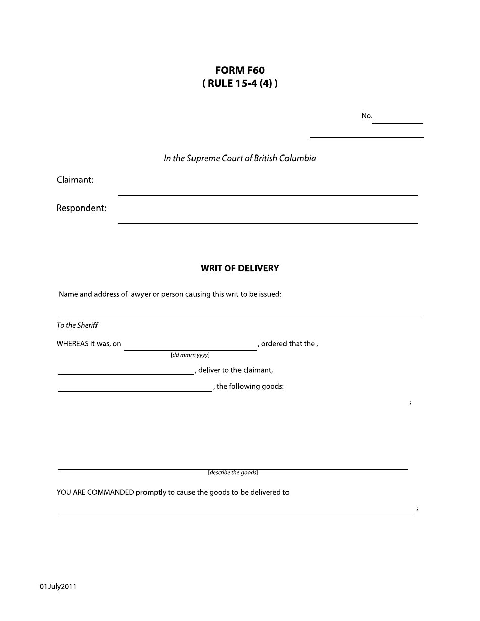 Form F60 Writ of Delivery - British Columbia, Canada, Page 1