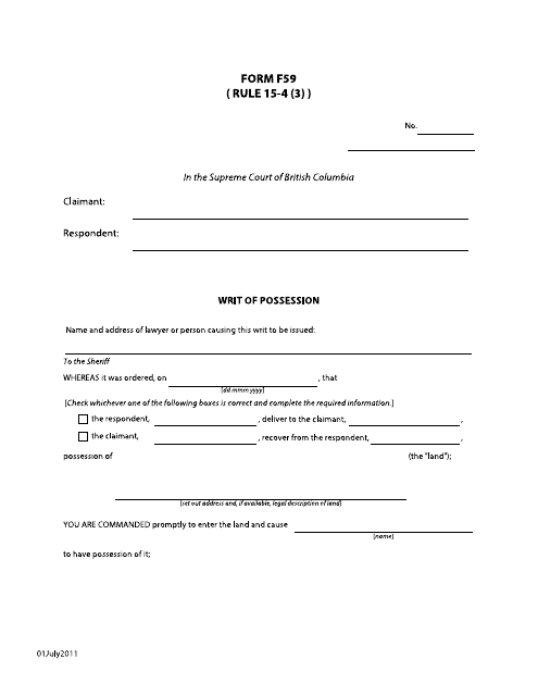 Form F59 Writ of Possession - British Columbia, Canada