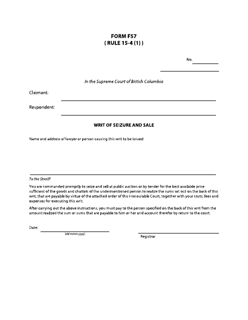 Form F57 Writ of Seizure and Sale - British Columbia, Canada