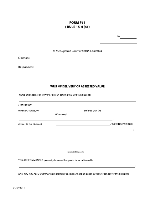Form F61 Writ of Delivery or Assessed Value - British Columbia, Canada