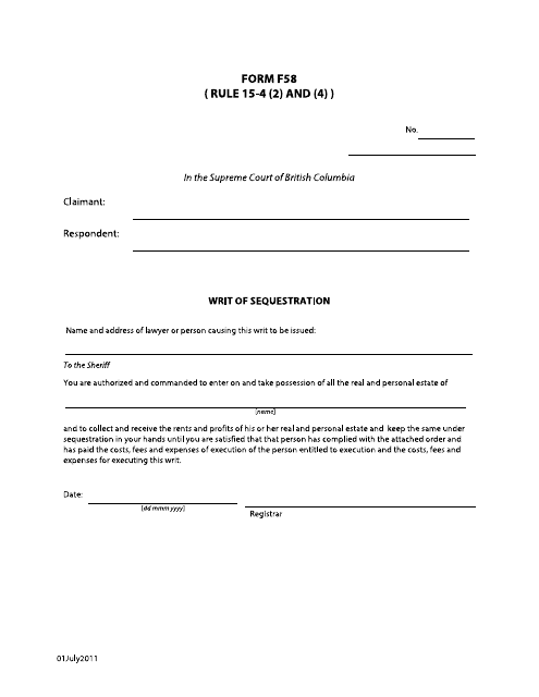 Form F58 Writ of Sequestration - British Columbia, Canada